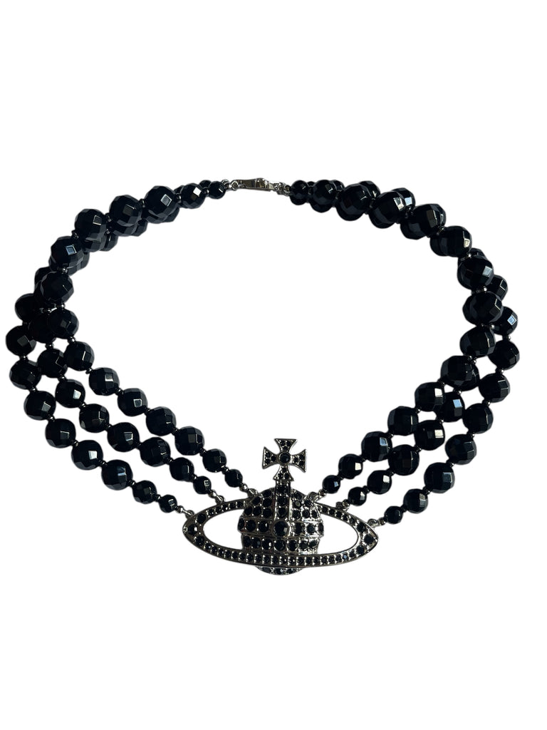 Vivienne Westwood Messaline 3 Row Choker - Platinum / Ruthenium / Black Agate