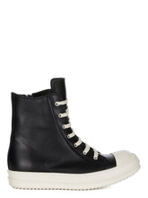 RICK OWENS SS25 HOLLYWOOD SNEAKERS IN BLACK AND MILK FULL GRAIN LEATHER