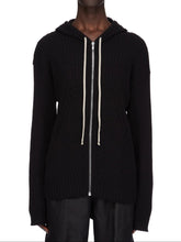 RICK OWENS SS25 HOLLYWOOD ZIPPED HOODIE IN BLACK MEGARIB COTTON KNIT