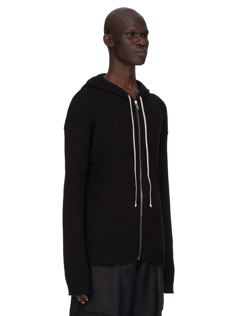 RICK OWENS SS25 HOLLYWOOD ZIPPED HOODIE IN BLACK MEGARIB COTTON KNIT