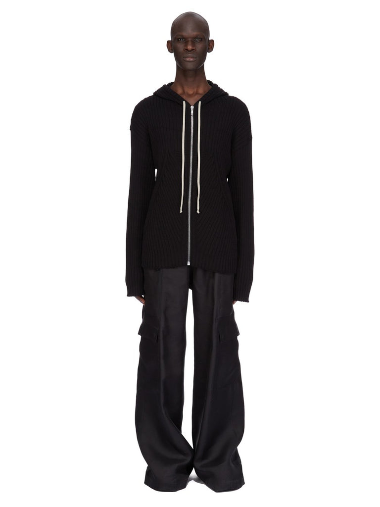 RICK OWENS SS25 HOLLYWOOD ZIPPED HOODIE IN BLACK MEGARIB COTTON KNIT